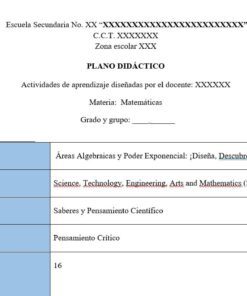 Una plantilla de plan de clase en español para una clase de matemáticas de secundaria, con el título del proyecto, la metodología (STEAM), el campo formativo, el pensamiento crítico y 16 sesiones, con espacios en blanco para los detalles del profesor.