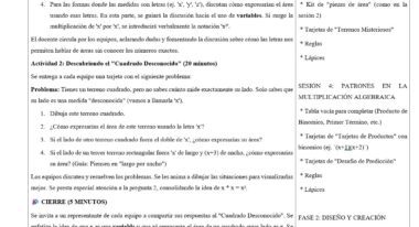 Una hoja de ejercicios de matemáticas en español con actividades sobre variables, expresiones algebraicas y el problema del "Cuadrado desconocido", que incluye instrucciones, pasos del ejercicio y una lista de materiales para las actividades de clase.