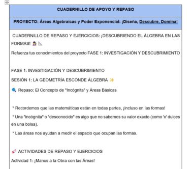 Captura de pantalla de una hoja de ejercicios educativos en español titulada "CUADERNILLO DE APOYO Y REPASO" centrada en las áreas del álgebra y los exponentes. Incluye instrucciones, notas e iconos de actividades como un cuaderno, una bombilla y marcas de verificación.