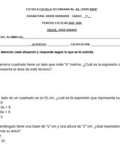 Hoja de ejercicios de matemáticas en español con preguntas sobre expresiones de área para cuadrados y rectángulos, que incluye respuestas de opción múltiple etiquetadas como a, b y c, y espacios en blanco para información del alumno y del profesor.