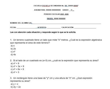 Hoja de ejercicios de matemáticas en español con preguntas sobre expresiones de área para cuadrados y rectángulos, que incluye respuestas de opción múltiple etiquetadas como a, b y c, y espacios en blanco para información del alumno y del profesor.