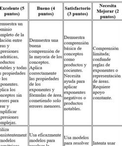 Una tabla de rúbricas que evalúa la aplicación de los conceptos de álgebra, con columnas para los niveles de calificación de 