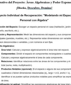 Captura de pantalla de una hoja de trabajo en español que detalla los pasos para un proyecto de recuperación de álgebra, incluyendo la selección, medición y modelado de un espacio personal utilizando variables, cálculos y extensiones opcionales.