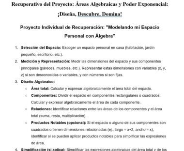 Captura de pantalla de una hoja de trabajo en español que detalla los pasos para un proyecto de recuperación de álgebra, incluyendo la selección, medición y modelado de un espacio personal utilizando variables, cálculos y extensiones opcionales.