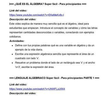 Captura de pantalla de un recurso educativo en español que muestra dos enlaces de vídeo sobre álgebra, cada uno con descripciones y resúmenes de actividades. El primero explica los fundamentos del álgebra con ejemplos; el segundo trata sobre el lenguaje algebraico para principiantes.