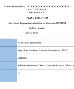Una tabla de planificación de clases en español en la que se esboza un proyecto denominado 