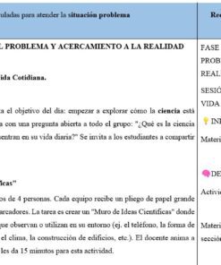 Una tabla resume las fases de la lección, las actividades de la sesión y los recursos para enseñar ciencias en la vida cotidiana. Incluye instrucciones para los profesores, calendario, descripciones de las actividades y materiales necesarios, resaltados con colores.