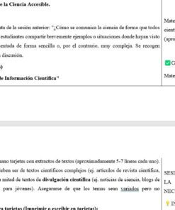 Captura de pantalla de un plan de clase en español. Detalla actividades y materiales para 