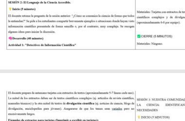 Captura de pantalla de un plan de clase en español. Detalla actividades y materiales para "El Lenguaje de la Ciencia Accesible", incluyendo trabajo en grupo con extractos de textos científicos, cajas de actividades codificadas por colores e instrucciones para la sesión.