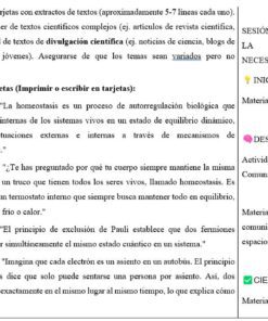 Captura de pantalla de un plan de clase en español con extractos de texto de muestra para las actividades de clase. A la derecha, un esquema de la sesión enumera los pasos y la duración con viñetas de colores para el inicio, el desarrollo y el cierre.