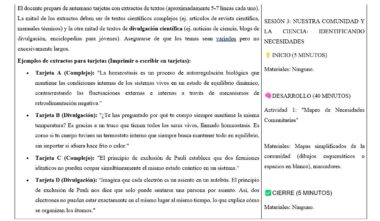 Captura de pantalla de un plan de clase en español con extractos de texto de muestra para las actividades de clase. A la derecha, un esquema de la sesión enumera los pasos y la duración con viñetas de colores para el inicio, el desarrollo y el cierre.