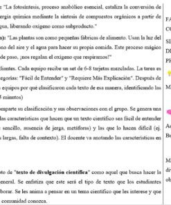 Captura de pantalla de un documento en español que muestra actividades educativas sobre la fotosíntesis. Incluye definiciones, instrucciones para los alumnos, títulos de las secciones y texto verde que resalta la parte 