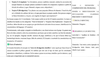 Captura de pantalla de un documento en español que muestra actividades educativas sobre la fotosíntesis. Incluye definiciones, instrucciones para los alumnos, títulos de las secciones y texto verde que resalta la parte "Cierre" en la parte inferior izquierda.