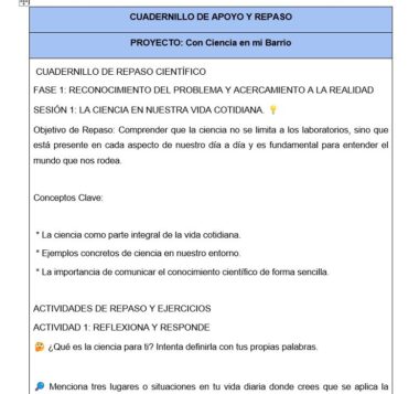 Captura de pantalla de una lección de ciencias en español titulada "PROYECTO: Con Ciencia en mi Barrio", con objetivos, conceptos y actividades de reflexión sobre el papel de la ciencia en la vida cotidiana.