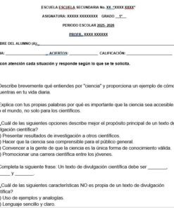 Examen escolar de ciencias en español con instrucciones y cinco preguntas sobre la definición y la importancia de la ciencia, la comunicación científica y ejemplos de actividades científicas y conceptos erróneos. Hay espacios para la información del alumno.