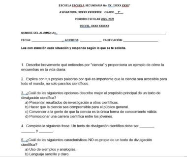 Examen escolar de ciencias en español con instrucciones y cinco preguntas sobre la definición y la importancia de la ciencia, la comunicación científica y ejemplos de actividades científicas y conceptos erróneos. Hay espacios para la información del alumno.