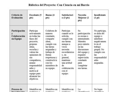 Una tabla rúbrica en español titulada "Rúbrica del Proyecto: Con Ciencia en mi Barrio" con 5 criterios de evaluación (columnas) y niveles: Excelente, Bueno, Satisfactorio, Necesita Mejorar, e Insuficiente (filas).