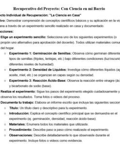 Captura de pantalla de una tarea de proyecto de ciencias en español. Da objetivos, instrucciones y enumera experimentos sobre semillas, líquidos y ácidos-bases, con pasos para la observación, los resultados y la presentación del trabajo final en forma de informe.