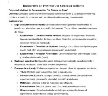 Captura de pantalla de una tarea de proyecto de ciencias en español. Da objetivos, instrucciones y enumera experimentos sobre semillas, líquidos y ácidos-bases, con pasos para la observación, los resultados y la presentación del trabajo final en forma de informe.