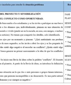 Un cuadro resume las actividades y recursos para abordar una situación problemática en clase, con fases para el planteamiento del problema, el descubrimiento del conflicto y la cultura de paz, incluyendo actividades de debate, lluvia de ideas y lectura.