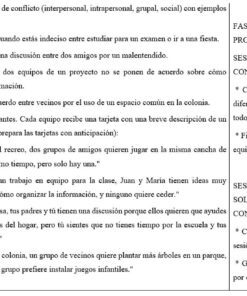 Un documento en español en el que se detallan los tipos de conflicto (intrapersonal, interpersonal, grupal, social) con breves definiciones y ejemplos en tarjetas, junto a un esquema de sesiones de análisis de conflictos y estrategias.