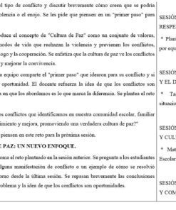 Documento en español en el que se exponen temas de educación para la paz, actividades en equipo y resúmenes de las sesiones. Las secciones incluyen pasos para la resolución de conflictos, valores culturales y sesiones sobre respeto, empatía, coexistencia y comunidad.