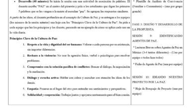 Un documento en español resume los principios clave de una cultura de paz, las actividades de la sesión y las fases de la propuesta, con secciones en viñetas y listas numeradas. Parte del texto está en negrita y algunas áreas están subrayadas.