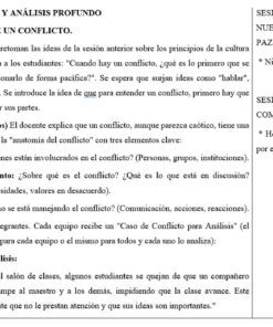 Captura de pantalla de un plan de clase en español sobre análisis de conflictos. En él se describen actividades como el debate de conceptos sobre conflictos, el análisis de un caso y la puesta en común de propuestas de paz, y se incluyen asignaciones de tiempo y pautas de reflexión.