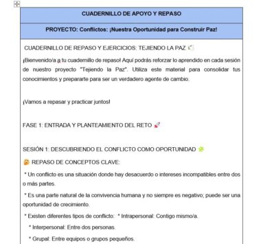 Captura de pantalla de un cuaderno de trabajo en español titulado "CUADERNILLO DE APOYO Y REPASO" para un proyecto sobre resolución de conflictos. La página incluye un mensaje de bienvenida y esboza la primera sesión sobre ver el conflicto como una oportunidad.