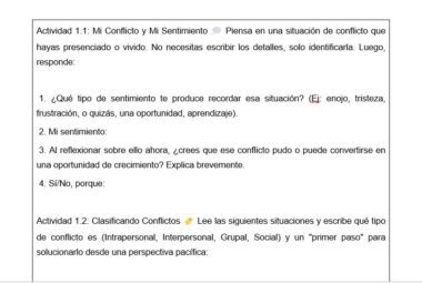 Una hoja de trabajo en español titulada "Actividad 1.1: Mi Conflicto y Mi Sentimiento", pide a los alumnos que recuerden un conflicto, describan sus sentimientos al respecto, reflexionen y clasifiquen el tipo de conflicto en un apartado siguiente.