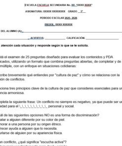 Hoja de examen en español para secundaria con campos para el nombre del alumno, la fecha y las calificaciones. Incluye instrucciones y las cuatro primeras preguntas relacionadas con la 