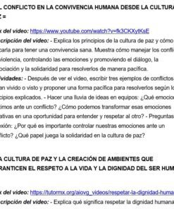 Texto en español con dos secciones sobre convivencia humana y cultura de paz, que incluye enlaces a vídeos y descripciones sobre la gestión de conflictos y el respeto de la dignidad humana en la vida cotidiana.