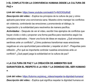 Texto en español con dos secciones sobre convivencia humana y cultura de paz, que incluye enlaces a vídeos y descripciones sobre la gestión de conflictos y el respeto de la dignidad humana en la vida cotidiana.
