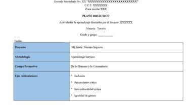 Una plantilla de plan de clase en español con secciones para el proyecto, la metodología, el campo formativo y los temas transversales, organizados en una tabla con encabezados azules y espacios en blanco para la fecha, el profesor, el grado y el grupo.