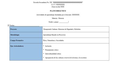 Plantilla de plan didáctico para una lección de historia con secciones para el proyecto, la metodología, el campo formativo y los ejes clave, como la educación inclusiva, el pensamiento crítico y la interculturalidad. Algunas áreas se dejan en blanco para más detalles.