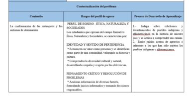 Tabla de contextualización de un problema, incluyendo contenido, rasgos del perfil de egreso y proceso de aprendizaje para el tema "Conformación de metrópolis y sistemas de dominación". Texto en español.