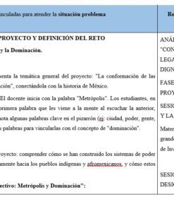 Cuadro en el que se detallan las actividades y los recursos del proyecto para una lección sobre la dominación de la ciudad, incluidos los objetivos de la sesión, las actividades previstas y los recursos para el análisis del proyecto, todo ello centrado en la historia de México y los retos de la sociedad.