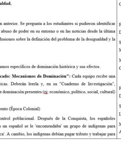 Captura de pantalla de un esquema del curso en español. La sesión aborda la desigualdad y los mecanismos de dominación, y presenta debates en grupo y un estudio de caso simplificado sobre el reparto económico y colonial. También se menciona un cuaderno de investigación.