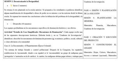 Captura de pantalla de un esquema del curso en español. La sesión aborda la desigualdad y los mecanismos de dominación, y presenta debates en grupo y un estudio de caso simplificado sobre el reparto económico y colonial. También se menciona un cuaderno de investigación.