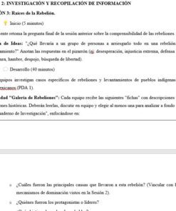 Captura de pantalla de un documento educativo en español en el que se esboza una sesión de clase sobre las raíces de la rebelión. Incluye instrucciones para una lluvia de ideas, actividades en grupo y preguntas de reflexión sobre levantamientos históricos.