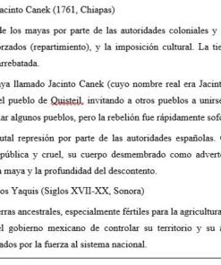 Documento mecanografiado en español con dos secciones: Ficha 1 describe la Rebelión de Jacinto Canek en Chiapas, y Ficha 2 cubre los levantamientos Yaquis en Sonora, detallando causas y consecuencias.