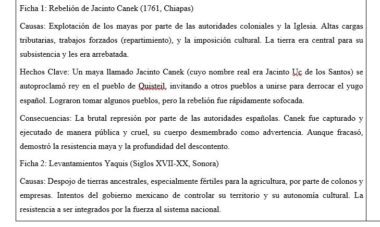 Documento mecanografiado en español con dos secciones: Ficha 1 describe la Rebelión de Jacinto Canek en Chiapas, y Ficha 2 cubre los levantamientos Yaquis en Sonora, detallando causas y consecuencias.