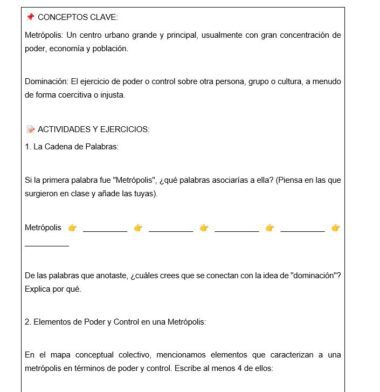Ficha de trabajo en español con definiciones de "Metrópolis" y "Dominación", seguidas de actividades: asociación de palabras con "Metrópolis" y preguntas sobre el poder y el control en una metrópolis.
