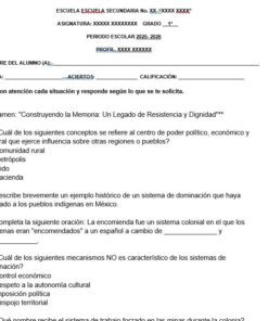 Página de un examen escolar en español con preguntas de opción múltiple sobre conceptos sociales, sistemas de dominación y memoria, que incluye el nombre del alumno y campos de calificación en la parte superior. El examen se titula 