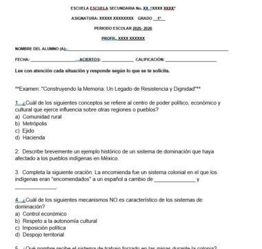 Página de un examen escolar en español con preguntas de opción múltiple sobre conceptos sociales, sistemas de dominación y memoria, que incluye el nombre del alumno y campos de calificación en la parte superior. El examen se titula "Construyendo la Memoria.