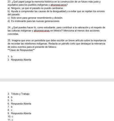 Hoja de trabajo en español con preguntas de opción múltiple y abiertas sobre las comunidades indígenas y afromexicanas, centradas en la memoria histórica, el respeto cultural y su importancia en México.