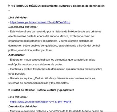 Captura de pantalla de un documento educativo en español sobre la historia de México, con enlaces a YouTube, descripciones de vídeos y una lista de actividades relacionadas con la población, las culturas y los sistemas de dominación mexicanos.