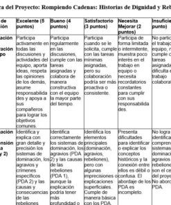 Una tabla rúbrica para evaluar el trabajo en equipo y la investigación histórica, con criterios, cinco niveles de rendimiento (de excelente a insuficiente) y descripciones detalladas para cada nivel en dos categorías principales.