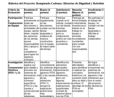 Una tabla rúbrica para evaluar el trabajo en equipo y la investigación histórica, con criterios, cinco niveles de rendimiento (de excelente a insuficiente) y descripciones detalladas para cada nivel en dos categorías principales.