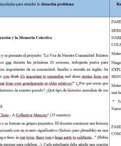 Un plan de clase con pantalla dividida en español e inglés en el que se detallan las actividades y los materiales para enseñar narración y memoria colectiva, incluidos los objetivos de la sesión, el calendario y ejemplos de preguntas de reflexión para los alumnos.